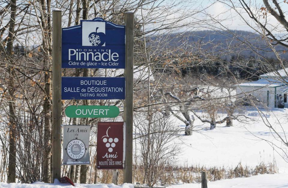 The main sign for Domaine Pinnacle, an apple orchard producing ice cider in Frelighsburg, Quebec