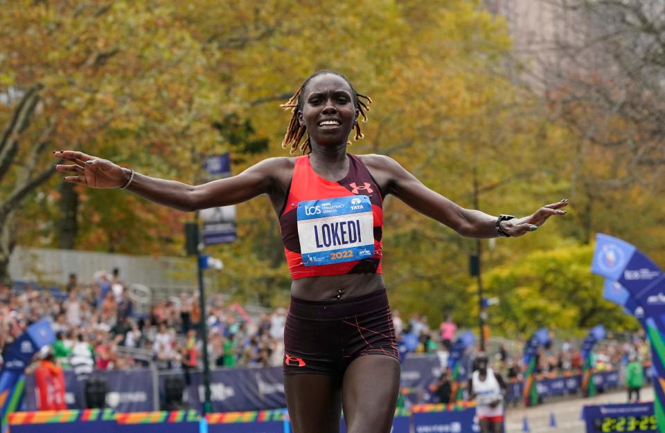 Competing in her first New York City Marathon, Kenya's Sharon Lokedi broke away from the pack and took the women's title in 2:23:23.