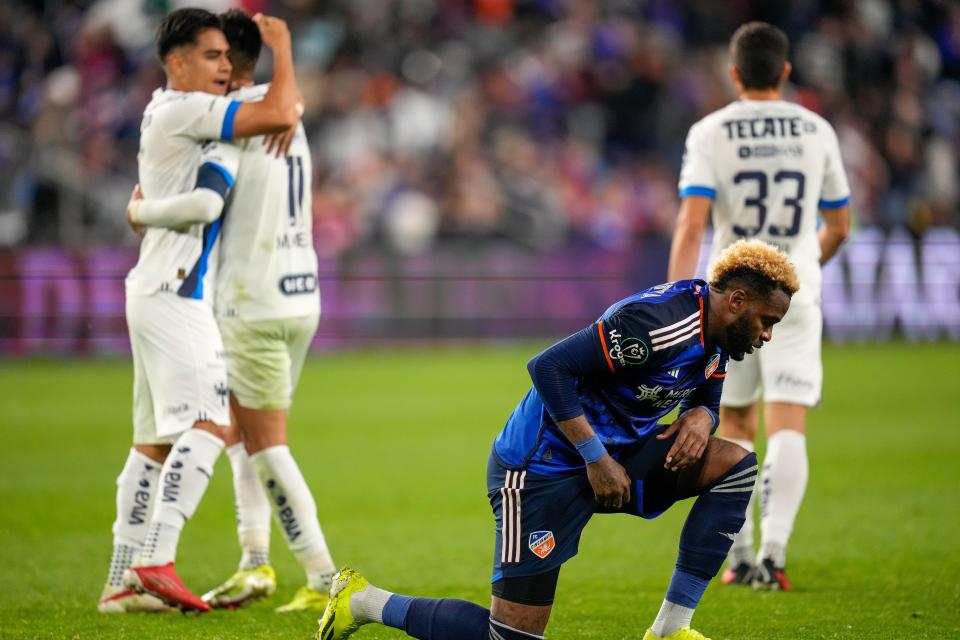 Monterrey celebrates a win after the final whistle of the second half of the CONCACAF Champions Cup Round of 16 game between the FC Cincinnati and the Monterrey at TQL Stadium in Cincinnati on Thursday, March 7, 2024. Monterrey carried a halftime lead to a 1-0 victory.