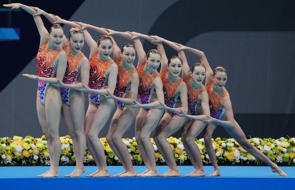 August 7, 2021: China performs in the women's artistic swimming team free routine during the Tokyo 2020 Olympic Summer Games at Tokyo Aquatics Centre.