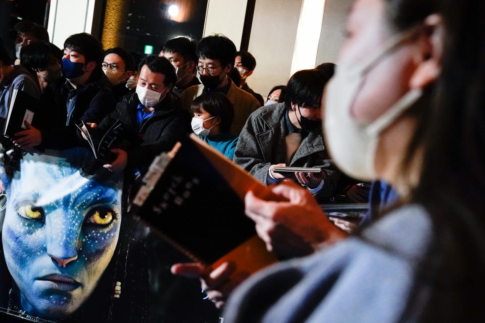 TOKYO, JAPAN – DECEMBER 10: Fans wait before the “Avatar: The Way of Water” Japan Premiere at TOHO Cinemas Hibiya on December 10, 2022 in Tokyo, Japan. (Photo by Christopher Jue/Getty Images for Disney)