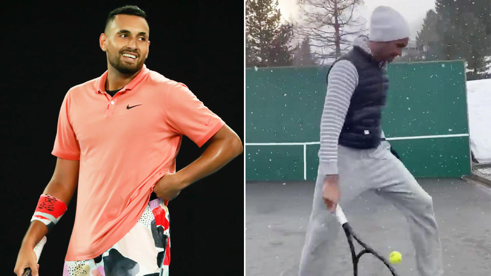 Nick Kyrgios (pictured left) smiling after a tennis point and Roger Federer (pictured right) playing tennis in the snow.