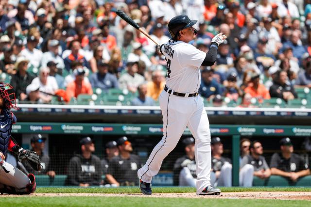 Detroit Tigers Miguel Cabrera runs to first in a baseball against