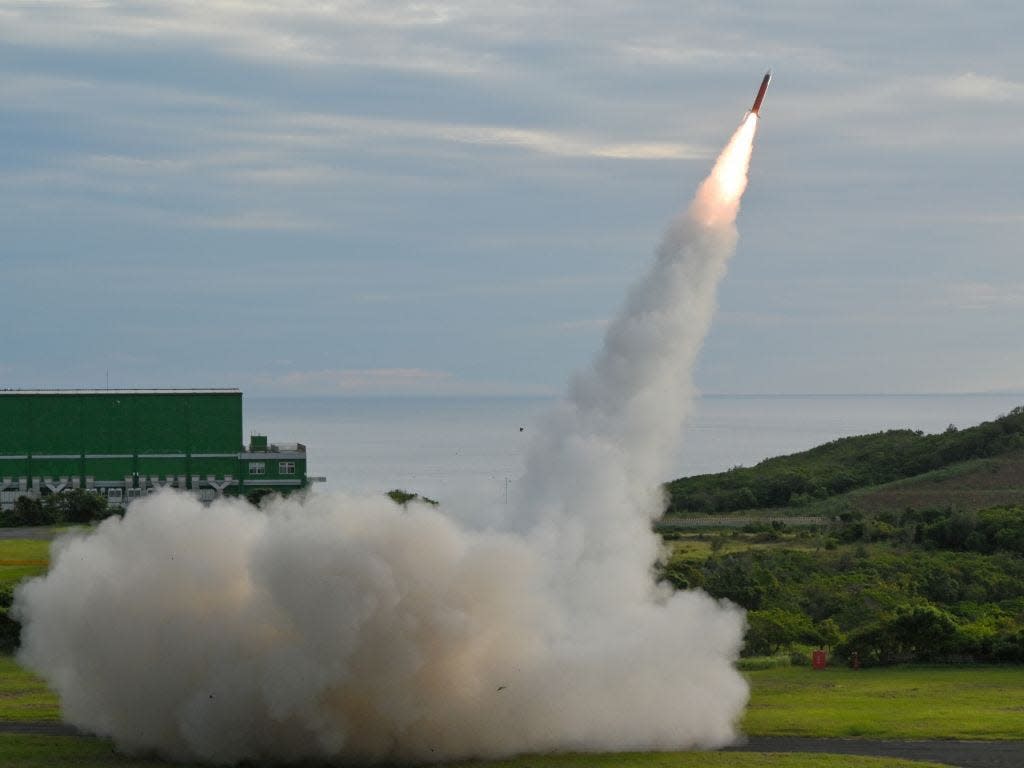 US-made MIM-104 Patriot surface-to-air missile getting launched during a live fire exercise at the Chiupeng missile base in Pingtung county, southern Taiwan.