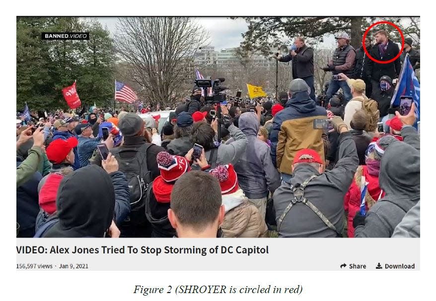 An Aug. 19, 2021, criminal complaint and arrest affidavit filed in U.S. District Court in Washington D.C. includes screen grabs from video footage that FBI investigators said shows Infowars host Owen Shroyer in restricted areas of the U.S. Capitol grounds on Jan. 6. He is charged with knowingly entering or remaining in a restricted area without lawful authority and engaging in violent entry and disorderly conduct.