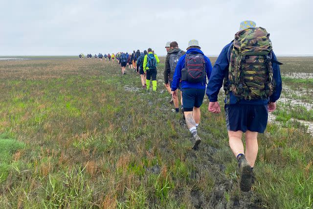 <p>Lizzy Hewitt</p> The author's group hiking across a salt marsh.