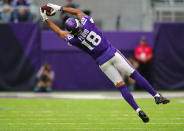 <p>Michael Floyd #18 of the Minnesota Vikings makes a leaping catch in the third quarter of the game against the Los Angeles Rams on November 19, 2017 at U.S. Bank Stadium in Minneapolis, Minnesota. (Photo by Adam Bettcher/Getty Images) </p>