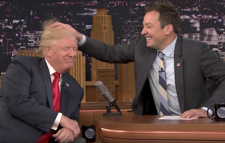 The host jokingly ruffled the soon-to-be President's hair. Source: The Tonight Show / YouTube