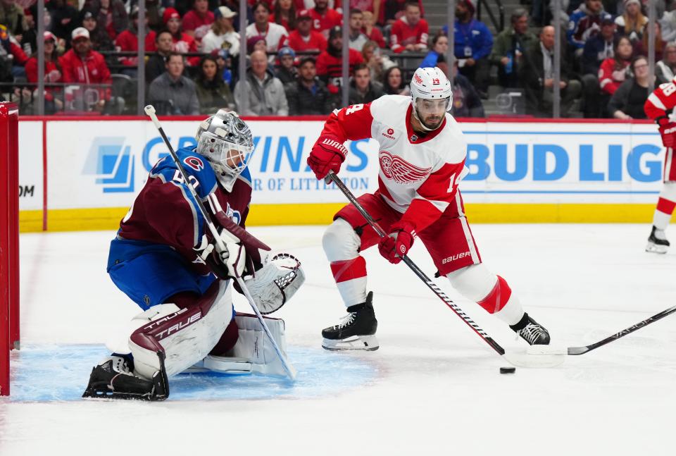 Red Wings center Robby Fabbri shoots and scores on Avalanche goaltender Alexandar Georgiev in the first period on Wednesday, March 6, 2024, in Denver.