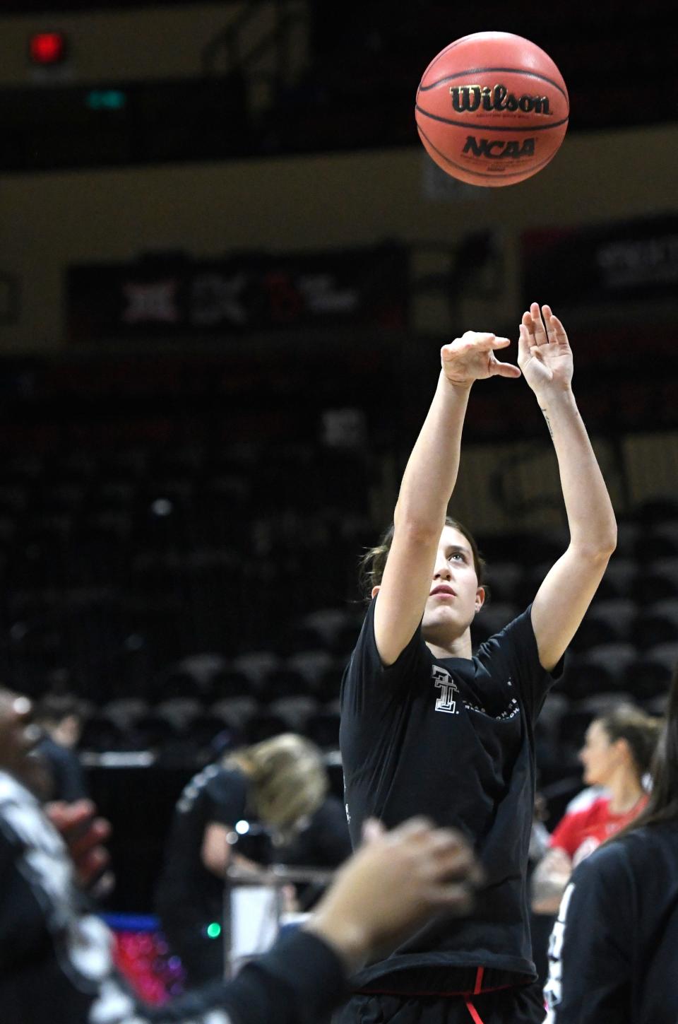 Texas Tech's guard Bailey Maupin (20) shoots the ball during practice ahead of the Big 12 basketball tournament, Wednesday, March 8, 2023, at Municipal Auditorium in Kansas City. 