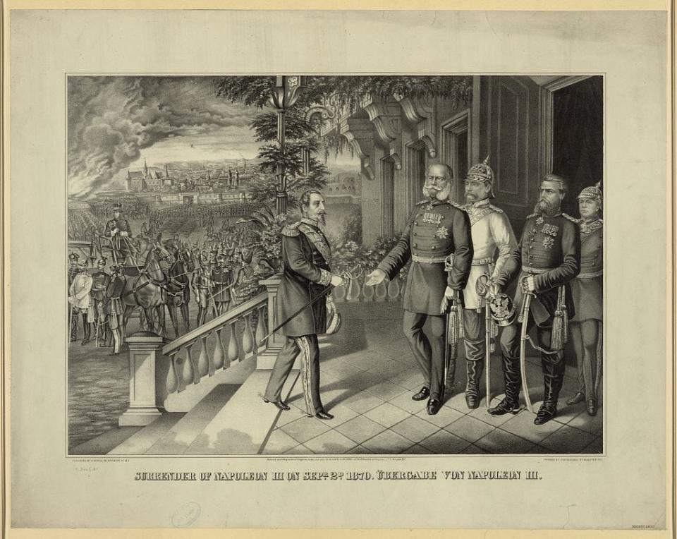 Dispatches from Europe about the death of Napoleon III in January 1873, the nephew of Napoleon Bonaparte, were published in The Repository And Republican, harkening to the newspaper's coverage of the elder Napoleon's defeat in the Battle of Waterloo. This image shows Napoleon III surrendering his sword after he was expelled from power early in the 1870s.