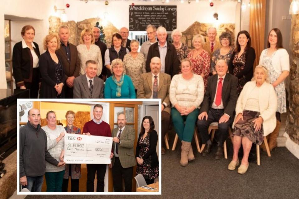 The committee for the 150th Helston Fatstock Show with, inset, a cheque presentation to St Petrocs with Don Cowell, Alison Grose (secretary), Lady St Leven (2022 show president), Henry Meacock (CEO of St Petrocs), Kevin Roberts (chairman) and Emma <i>(Image: Claire Hosken Photography)</i>