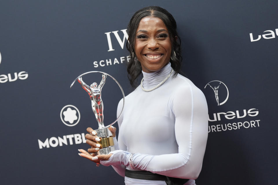 Shelly-Ann Fraser-Pryce a track and field sprinter from Jamaica poses after she was award for sportswoman of the year at the Laureus Sports Awards ceremony in Paris, Monday, May 8, 2023. (AP Photo/Lewis Joly)