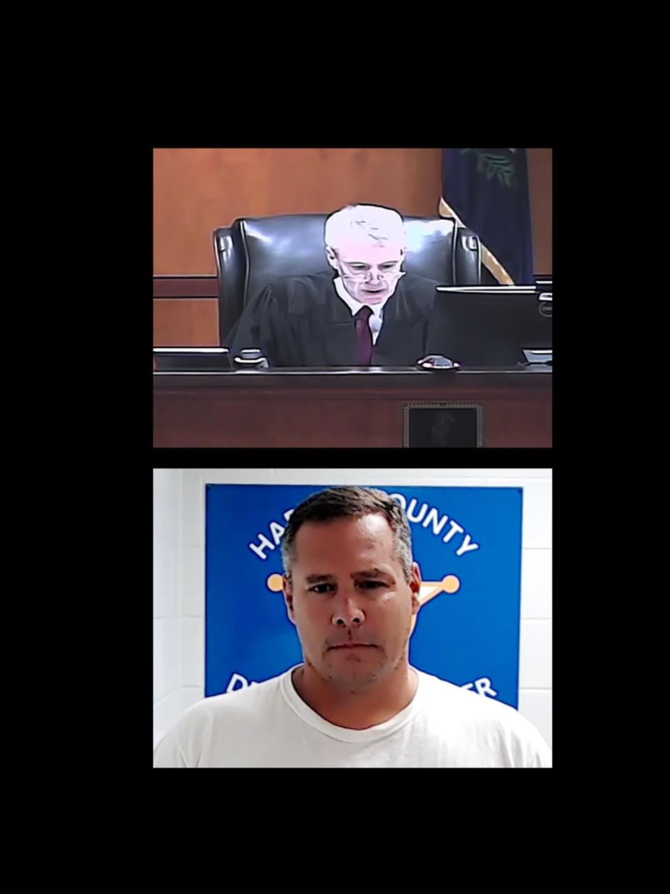 A composite of images from the arraignment of Brooks Houck in Nelson County Circuit Court the investigation into the 2015 disappearance of Crystal Rogers on Thursday, October 5, 2023. Houck appeared via video in the arraignment.