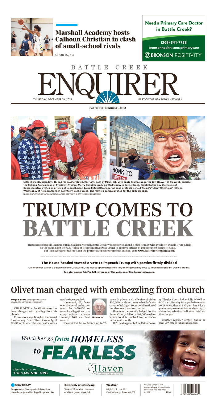 The front page of Thursday's Battle Creek, Mich., Enquirer. (Newseum.org)