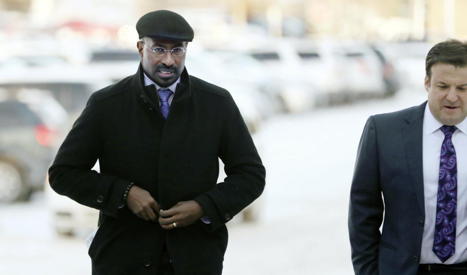 Van Jones, left, a CNN commentator and family friend who once worked as an environmental adviser to the Obama administration, arrives at the Carver County Justice Center for a hearing on Prince's estate, Thursday, Jan. 12, 2017, in Chaska, Minn. All the musician's siblings want the judge to declare the trust company Comerica as a "personal representative," or executor, of the estate. But they're divided on whether to name anyone as co-executor. Four of the six siblings back longtime Prince lawyer L. Londell McMillan. But Tyka Nelson and Omar Baker object. (David Joles/Star Tribune via AP)