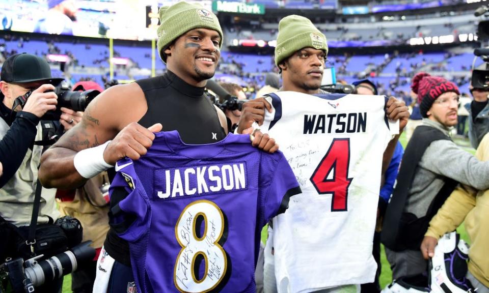 Nov 17, 2019; Baltimore, MD, USA; Baltimore Ravens quarterback Lamar Jackson (right) exchanges jerseys with Houston Texans quarterback Deshaun Watson (left) after the game at M&T Bank Stadium. Mandatory Credit: Evan Habeeb-USA TODAY Sports