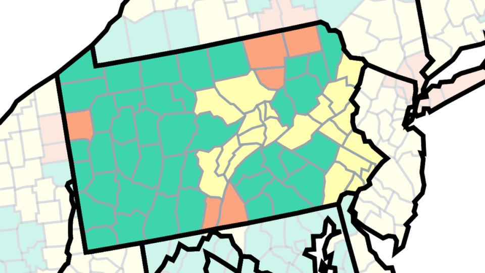 This map of Pennsylvania from the U.S. Centers for Disease Control and Prevention shows COVID-19 community levels by county as of Dec. 9, 2022. The orange counties are at high, the yellow at medium and the green at low.