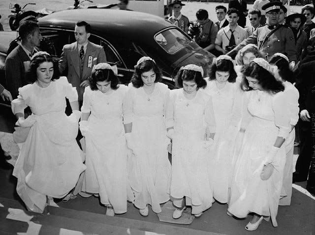 The Dionne quintuplets and their sisters arrive at Lansdowne Park in June 1947 to take part in a program of religious music during the Marian Congress. The quintuplets were born May 28, 1934. File Photo courtesy of Library and Archives Canada