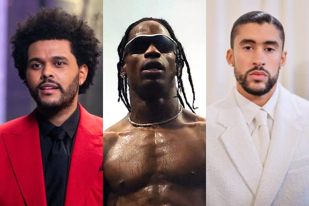 travis-scott-weeknd-bad-bunny-song - Credit: Ella DeGea/CBS via Getty Images; Simone Joyner/Getty Images; Matt Winkelmeyer/MG23/Getty Images for The Met Museum/Vogue