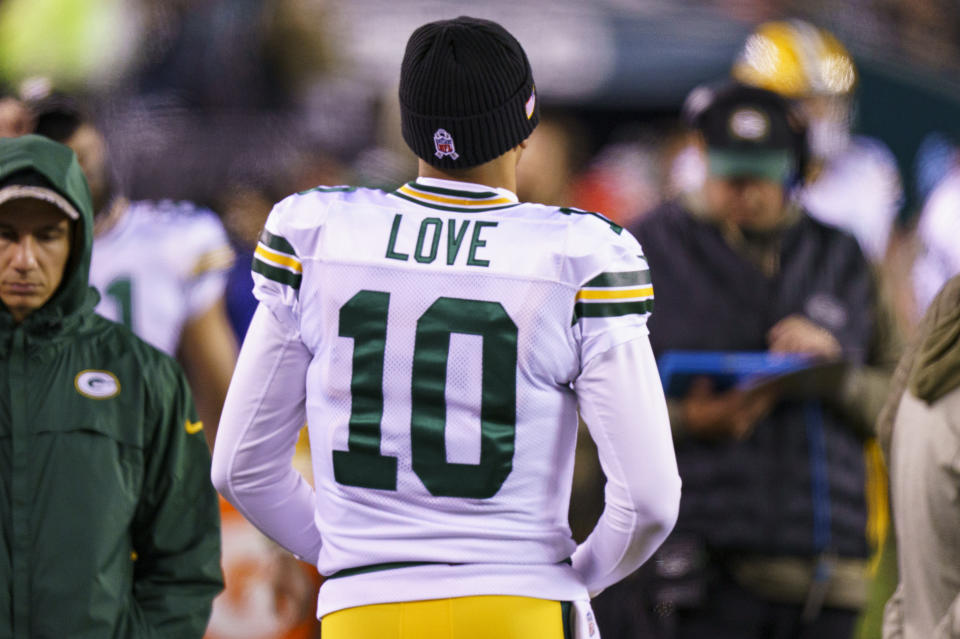 FILE - Green Bay Packers quarterback Jordan Love (10) looks on during the NFL football game against the Philadelphia Eagles, Sunday, Nov. 27, 2022, in Philadelphia. With Aaron Rodgers saying he intends to play for the New York Jets in the upcoming season, Love finally gets his chance to take over as a starting quarterback in his fourth NFL season. (AP Photo/Chris Szagola, File)