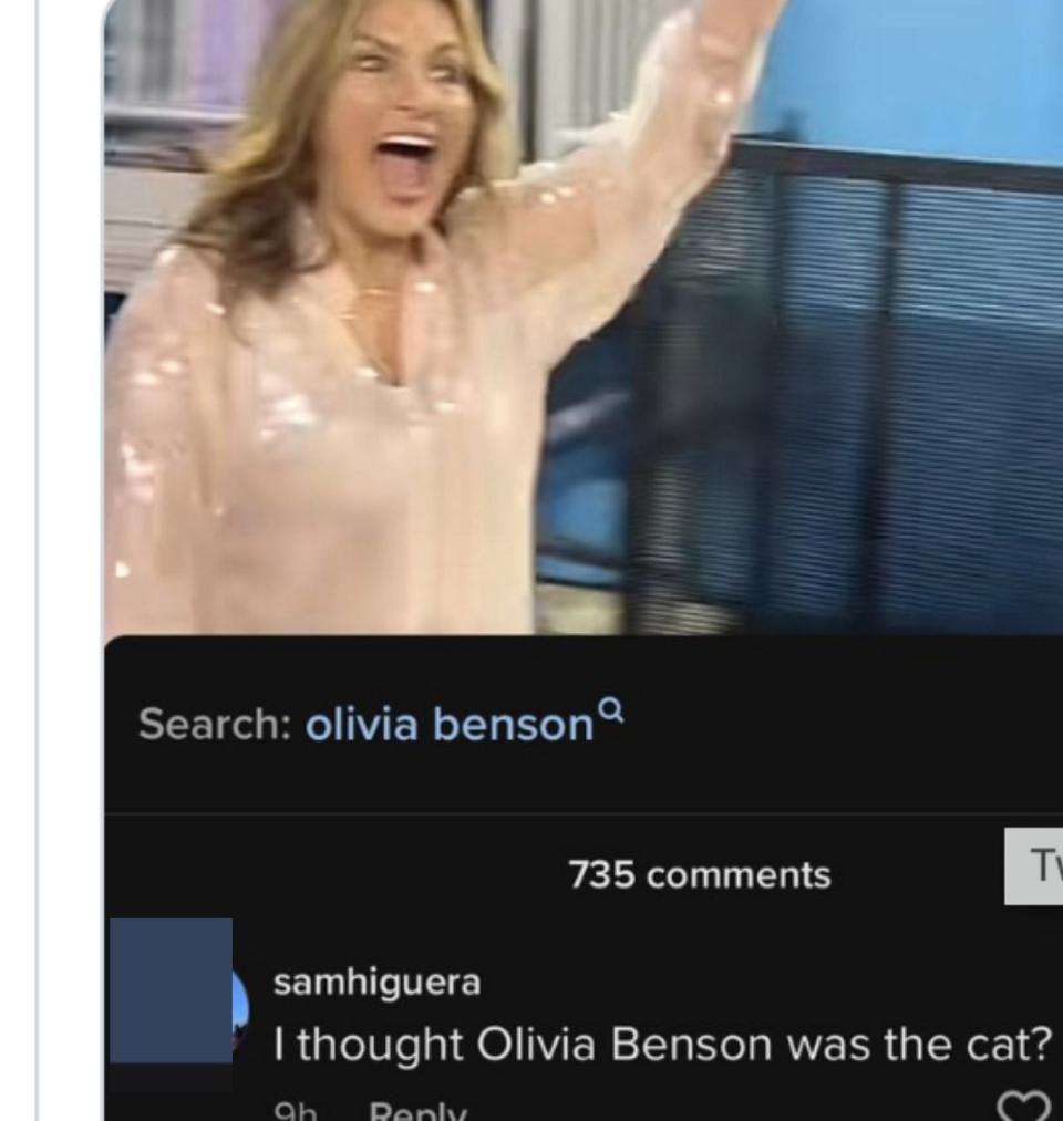 photo of olivia benson character and someone comments, i though olivia benson was the cat, referring to taylor swift's cat