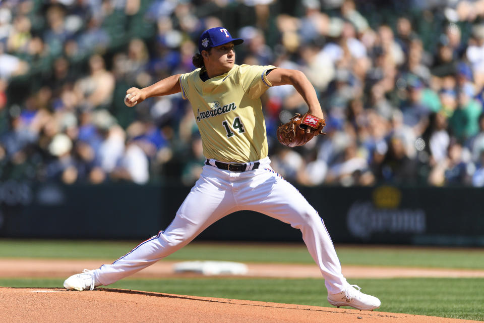 Toronto Blue Jays' Sem Robberse throws during the first inning of the All-Star Futures baseball game Saturday, July 8, 2023, in Seattle. (AP Photo/Caean Couto)