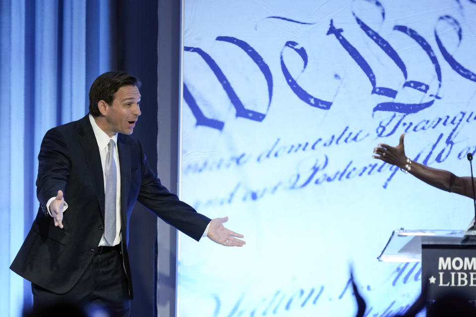 Republican presidential candidate Florida Gov. Ron DeSantis arrives to speak at the Moms for Liberty meeting in Philadelphia, Friday, June 30, 2023. (AP Photo/Matt Rourke)