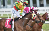 Jockey Glenn Boss celebrates onboard Lucky Hussler in winning the Group One Toorak Handicap. Disposition and Stratum Star filled the minor placings.