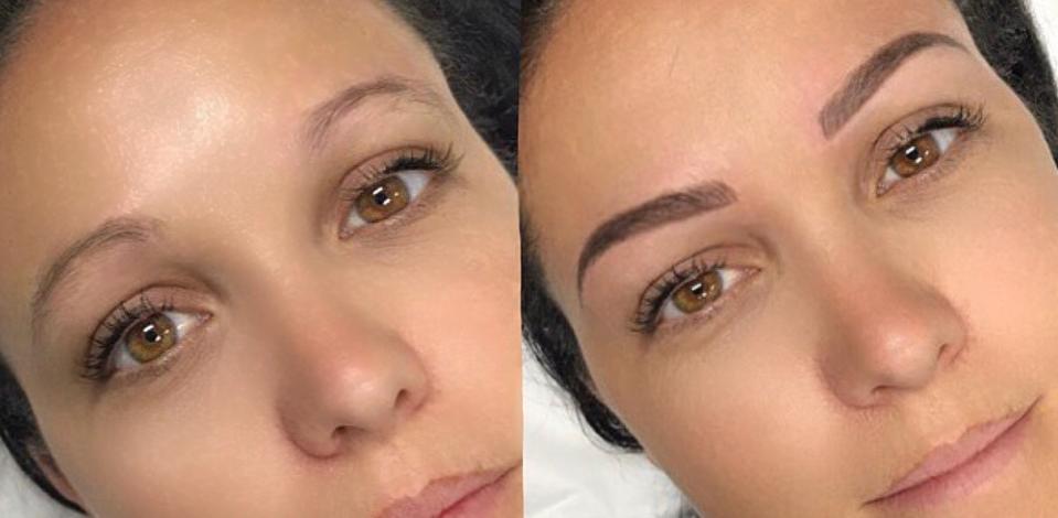 Woman with thin eyebrows and after cosmetic eyebrow tattooing