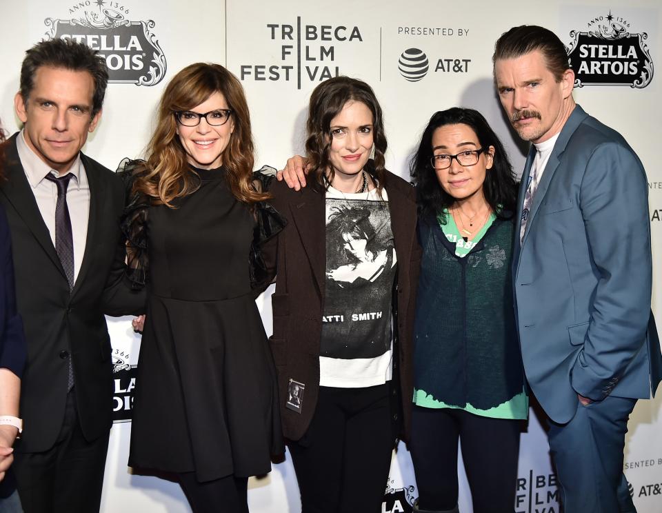 From left, Ben Stiller, Lisa Loeb, Winona Ryder, Janeane Garofalo and Ethan Hawke attend a "Reality Bites" 25th anniversary in 2019 in New York.