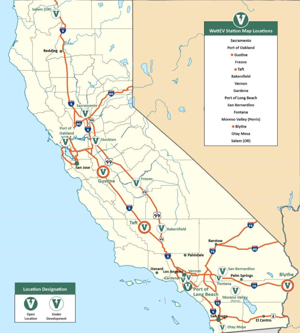 WattEV has plans to build north-south and east-west electric truck charging corridors along Interstates 5 and 10. (Illustration: WattEV)