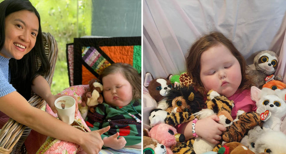 Four-year-old Zoe in hospital with her mum surrounded by toys while battling brain cancer.