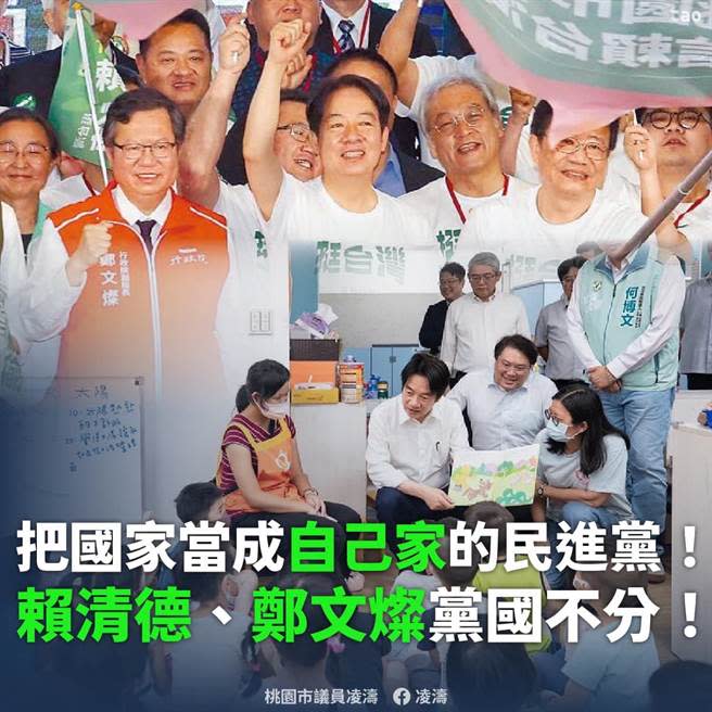 ，桃園市議員凌濤表示，賴清德行程有立委參選人全程穿競選背心參與，照片還放上總統府官網，是把國家當「賴家」。（摘自臉書）