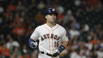 FILE - In this Sept. 5, 2019 file photo Houston Astros' Aledmys Diaz runs toward first base during the fifth inning of a baseball game against the Seattle Mariners in Houston. Diaz went to arbitration Monday, Feb. 17, 2020 with the Astros, who offered the same $2 million salary he earned last year. Diaz asked for a raise to $2.6 million. (AP Photo/David J. Phillip, file)
