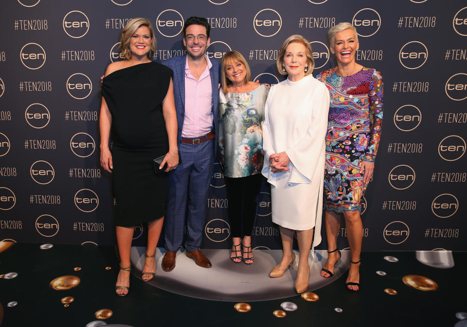 Sarah Harris, Joe Hildebrand, Denise Drysdale, Ita Buttrose and Jessica Rowe pose during the Network Ten 2018 Upfronts on November 9, 2017 in Sydney, Australia.  (Photo by Don Arnold/WireImage)