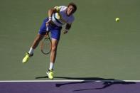 Mar 28, 2017; Miami, FL, USA; Nicolas Mahut of France serves against Rafael Nadal of Spain (not pictured) on day eight of the 2017 Miami Open at Crandon Park Tennis Center. Mandatory Credit: Geoff Burke-USA TODAY Sports