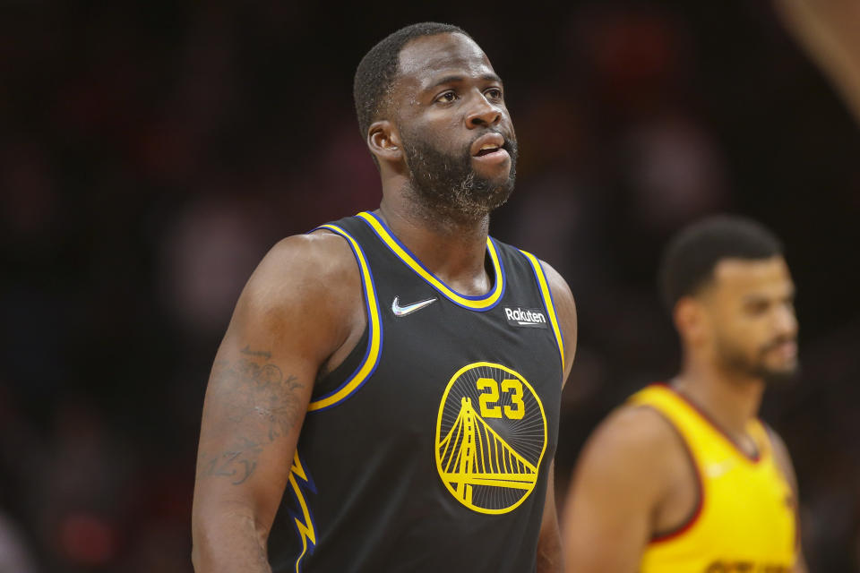 Mar 25, 2022; Atlanta, Georgia, USA; Golden State Warriors forward Draymond Green (23) shows emotion against the Atlanta Hawks in the second half at State Farm Arena. Mandatory Credit: Brett Davis-USA TODAY Sports