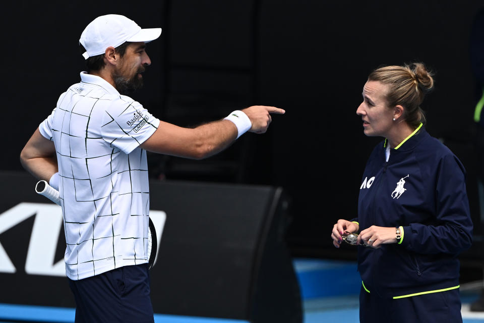 Seen here, Jeremy Chardy complains about a contentious incident during his second round loss to Daniel Evans at the Australian Open. 