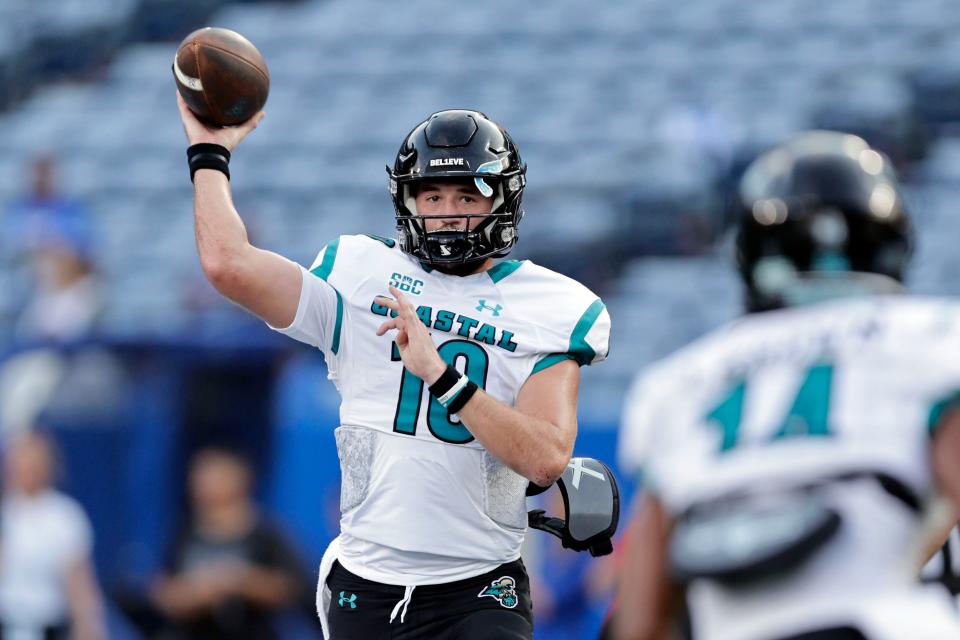 Coastal Carolina quarterback Grayson McCall (10) throws the ball during warms-ups prior to a game against Georgia State on Sept. 22, 2022, in Atlanta.