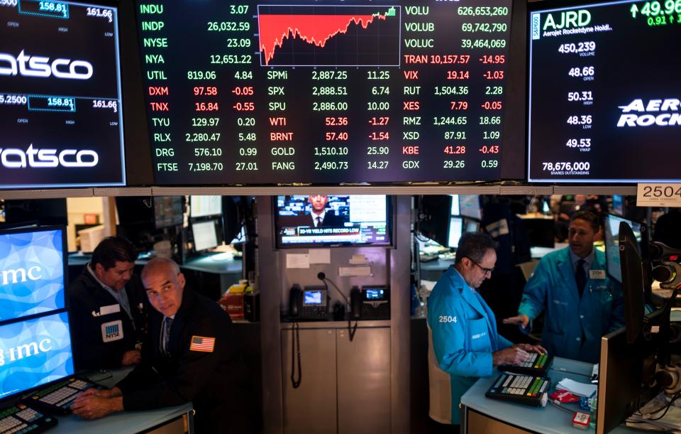 Traders work after the closing bell at the New York Stock Exchange (NYSE) on August 7, 2019 in New York City. - Wall Street stocks finished little changed on August 7, 2019, following a choppy session as a plunge in treasury bond yields early in the day underscored worries about a weakening global economy. (Photo by Johannes EISELE / AFP)        (Photo credit should read JOHANNES EISELE/AFP/Getty Images)