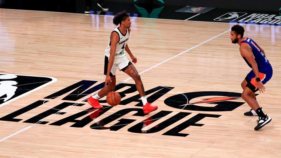 Jalen Green #4 of the G League Ignite brings the ball up the floor during a G-League game against the Westchester Knicks.