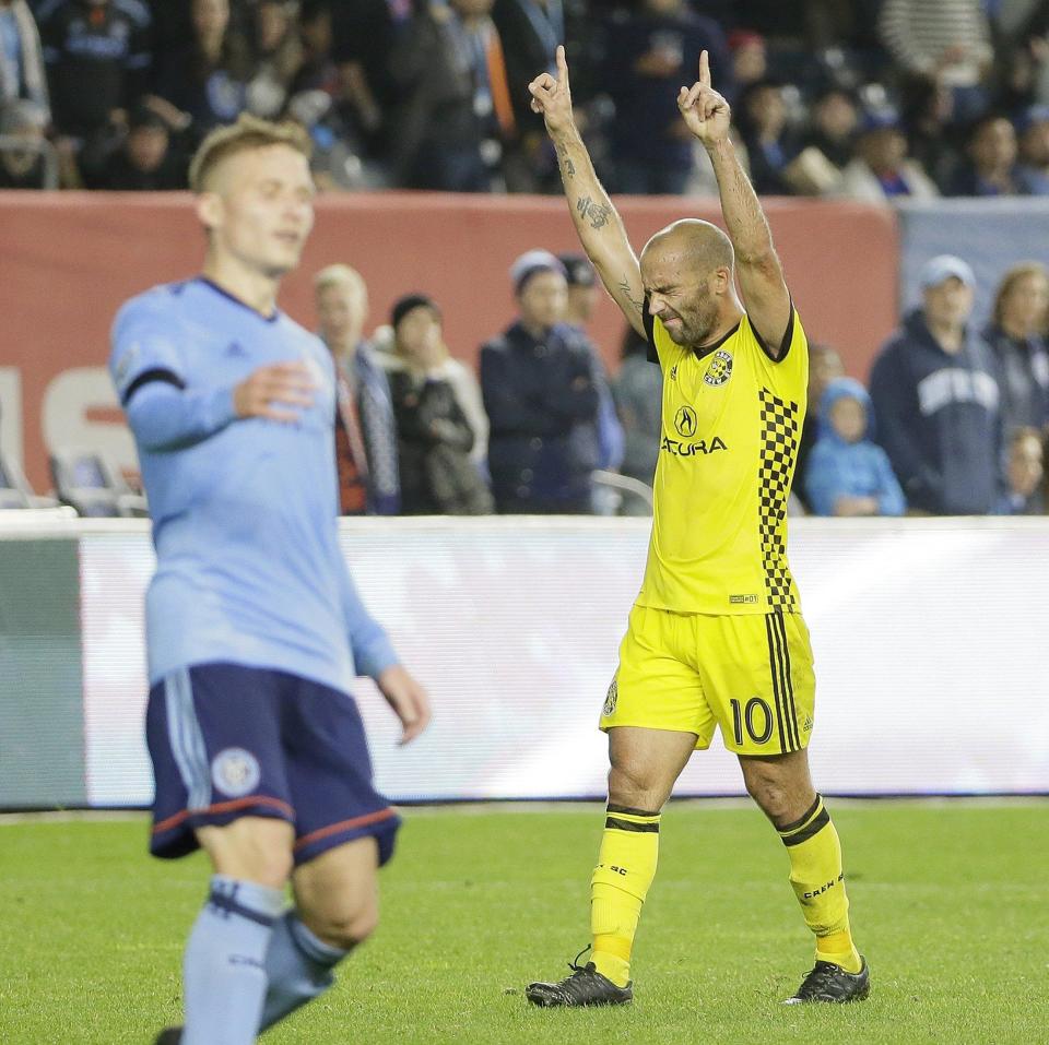 Crew forward Federico Higuain raises his hands as time expires during the MLS Eastern Conference playoff semifinal against New York City FC in 2017. The Crew lost 2-0 but advanced to the conference finals on aggregate score.