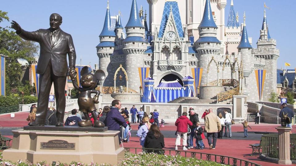 walt disney and mickey mouse partners statue and cinderella castle, magic kingdom, orlando, florida, usa