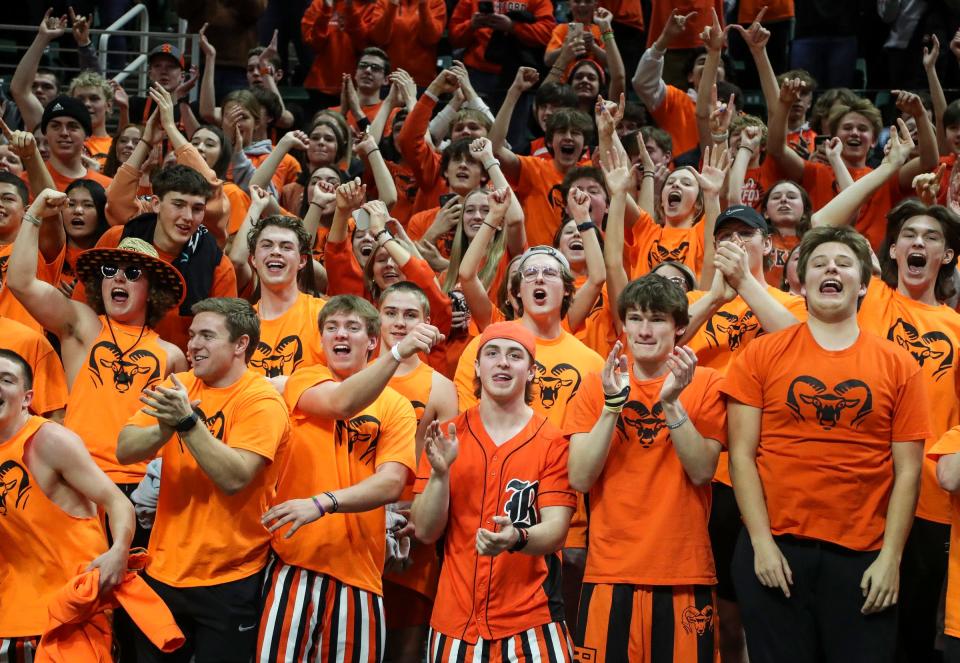 Rockford student section celebrate 40-36 win over West Bloomfield in the MHSAA Division 1 girls basketball final at Breslin Center in East Lansing on Saturday, March 18, 2023.