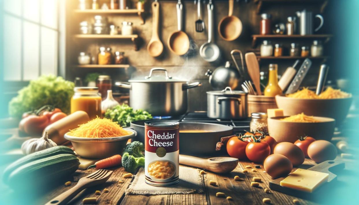 An AI-generated image a home kitchen scene where cooking is in progress. The scene includes a stove with pots and pans and various ingredients and utensils. In the forefront, prominently featured is a can of cheddar cheese soup.