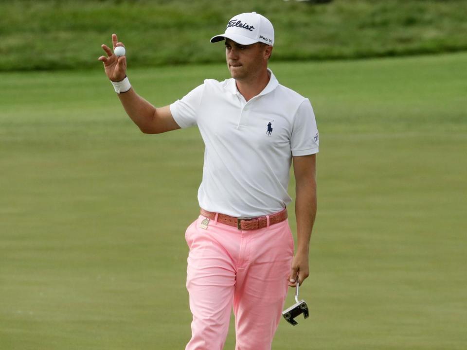 Justin Thomas reacts after his birdie on the 17th hole during the third round of the U.S. Open golf tournament Saturday, June 17, 2017, at Erin Hills (AP)