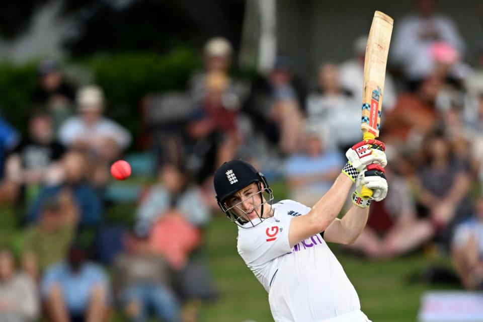 England’s Harry Brook bats against New Zealand on the first day of their cricket test match in Tauranga, New Zealand, Thursday, Feb. 16, 2023. (Andrew Cornaga/Photosport via AP) (AP)