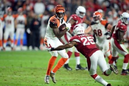 Cincinnati Bengals wide receiver Mohamed Sanu (12) makes a catch against Arizona Cardinals cornerback Jerraud Powers (25) during the second half at University of Phoenix Stadium. The Cardinals won 34-31. Mandatory Credit: Joe Camporeale-USA TODAY Sports