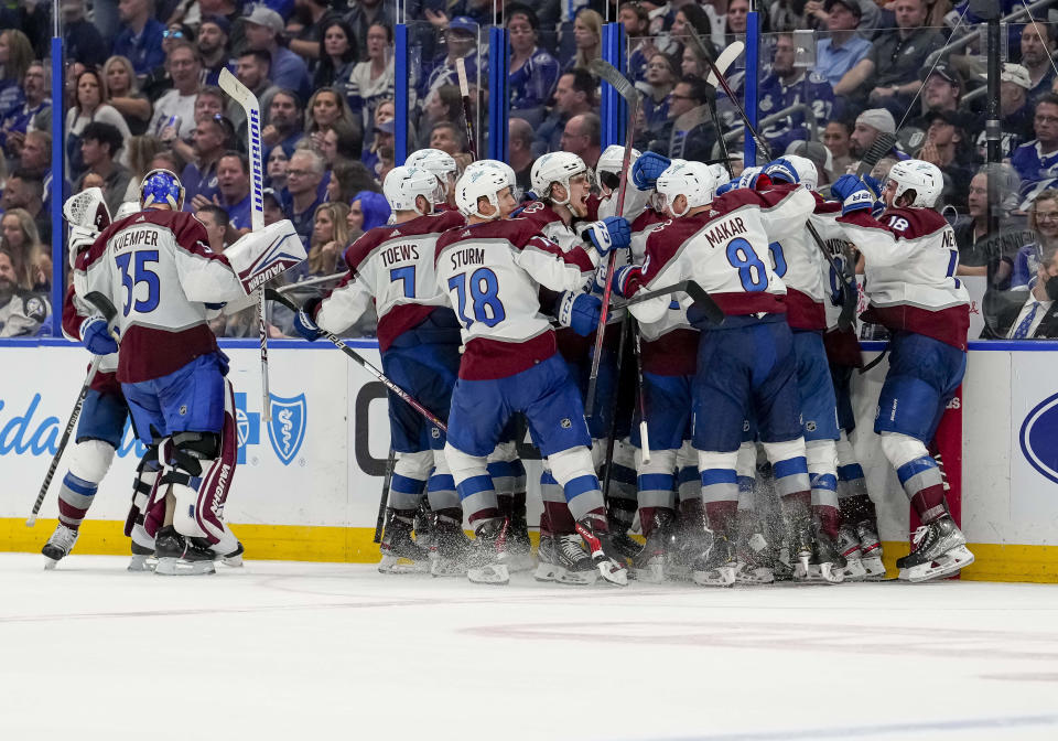 TAMPA, FL - JUNE 22: Colorado Avalanche win game 4 in OT during the NHL Hockey Stanley Cup Finals Game 4 between Tampa Bay Lightning and the Colorado Avalanche on June 22nd, 2022 at Amalie Arena in Tampa Florida (Photo by Andrew Bershaw /Icon_Sportswire)